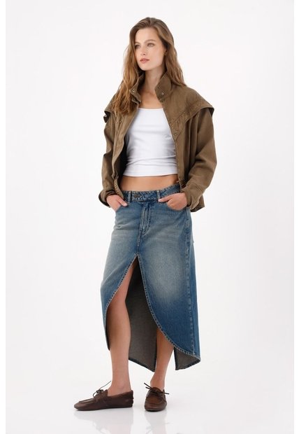Tennis Falda Midi Recta Con Abertura Frontal En Denin Para Mujer