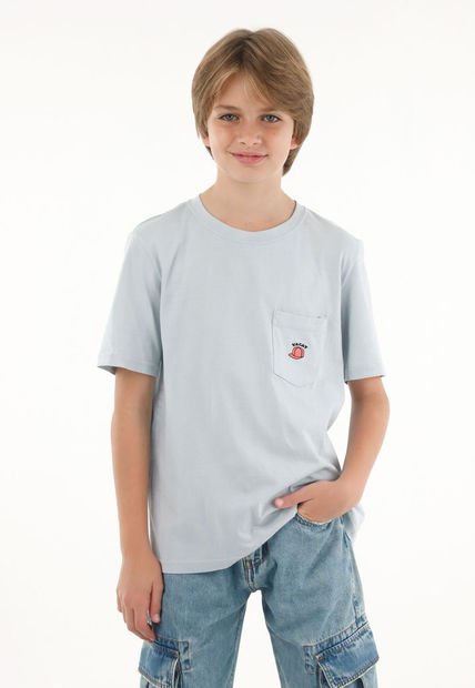 Camiseta Azul Con Bordado Y Bolsillo Para Niño
