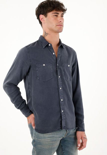 Camisa Clásica Manga Larga Azul Para Hombre