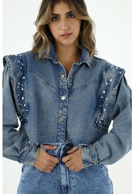 Chaqueta Cropped Azul Para Mujer