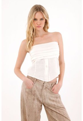 Camisa Strapless Con Diseño De Tablas Crudo Para Mujer