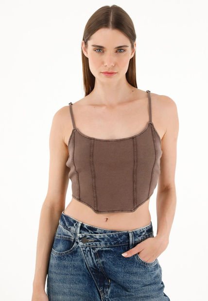 Camiseta Café En Rib Tipo Crop Para Mujer