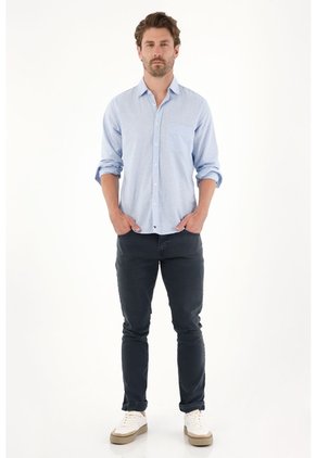 Tennis Camisa Manga Larga Preteñida Azul Con Textura Lisa Para Hombre