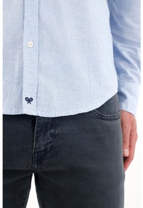 Tennis Camisa Manga Larga Preteñida Azul Con Textura Lisa Para Hombre