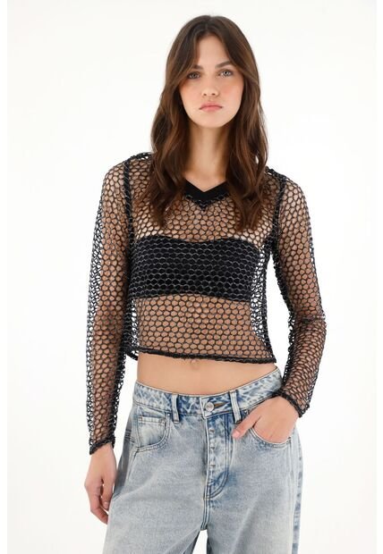 Tennis Camiseta Crop En Malla Negra Para Mujer