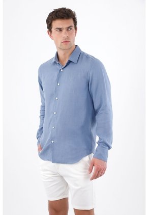 Tennis Camisa Regular Fit Con Botones Blancos En Lino Azul Para Hombre