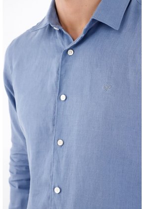 Tennis Camisa Regular Fit Con Botones Blancos En Lino Azul Para Hombre