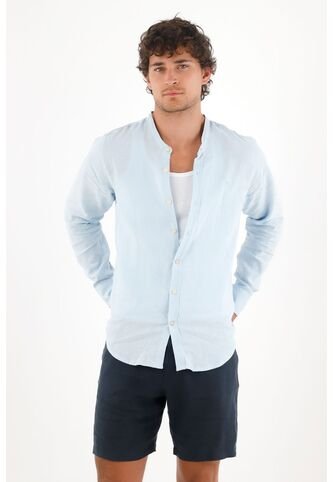 Tennis Camisa En 100% Lino Azul Con Detalle Fruncido Para Hombre Tennis