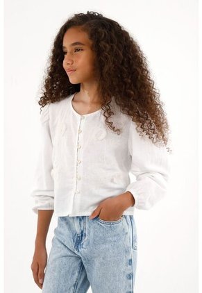 Camisa Blanca De Manga Larga Con Volumen Para Niña