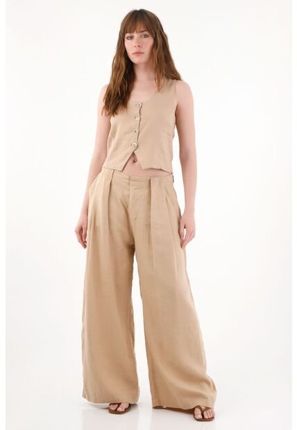 Tennis Pantalón Wide Leg En 100% Lino Con Tablas Crudo Para Mujer