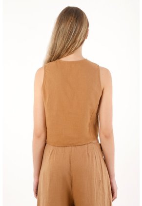 Tennis Chaleco En 100% Lino De Diseño Cruzado Café Para Mujer