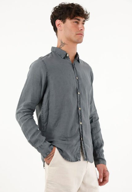 Camisa Azul De 100% Lino Para Hombre