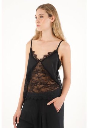 Tennis Camisa En Encaje Con Detalle De Copas Negra Para Mujer