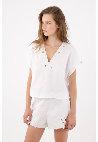 Tennis Camisa Relajada Con Escote V Calado De Algodón Blanco Para Mujer Tennis