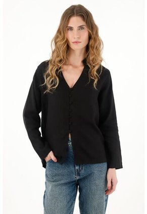 Tennis Camisa Negra Cuello Neru En 100% Lino Para Mujer