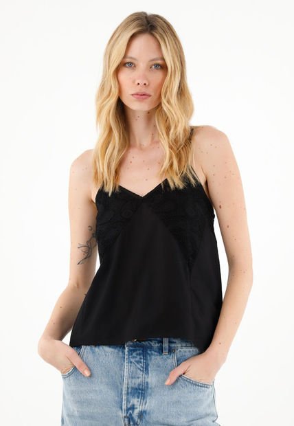 Camisa Negra Con Tejido En Copas Para Mujer