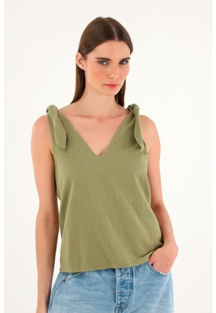 Camisa Verde De Escote En V Y Tiras Para Mujer