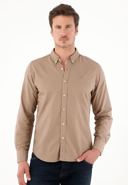 Camisa De Silueta Clásica Con Raqueta Bordada Café Para Hombre