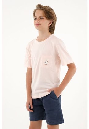 Camiseta Rosada Con Bordado Y Bolsillo Para Niño