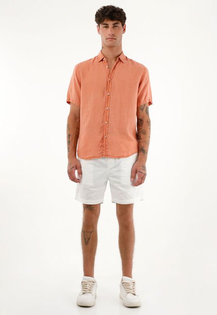 Camisa Manga Corta 100% Lino Naranja Para Hombre