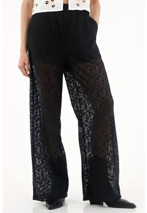 Tennis Pantalón Recto Negro En Encaje Para Mujer