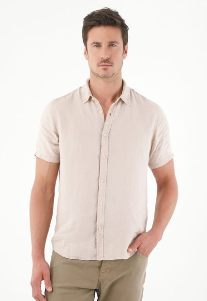 Camisa En 100% Lino Manga Corta Café Para Hombre