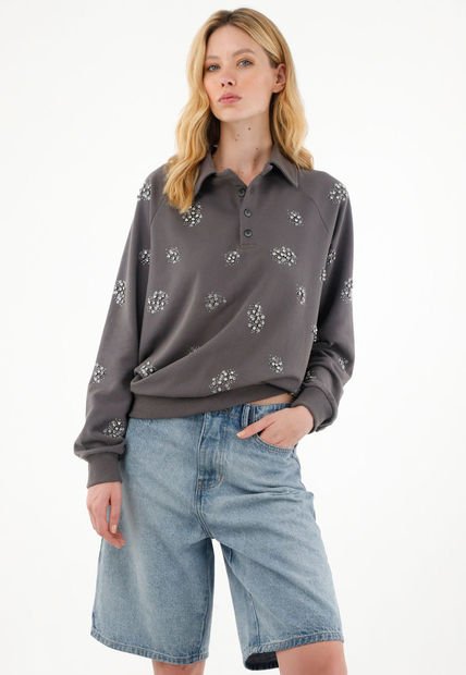 Buzo Gris Oversize Con Apliques De Brillo Para Mujer