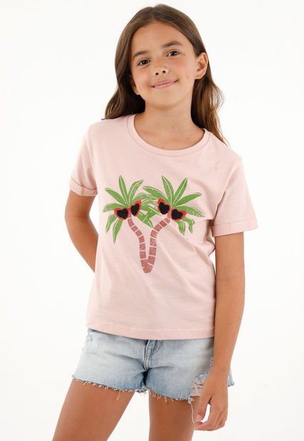 Camiseta Rosada Estampado Palmeras Para Niña