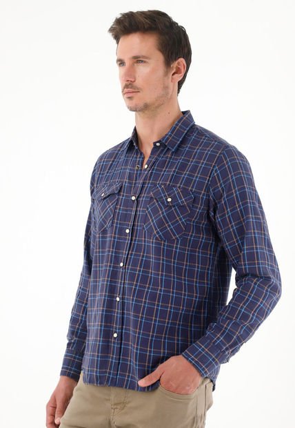 Camisa A Cuadros Cuello Clásico Azul Para Hombre
