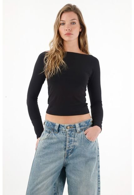 Camiseta Manga Larga Ajustada Negra Para Mujer
