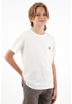 Camiseta Blanca Cuello Redondo Con Bordado Tejido Para Niño