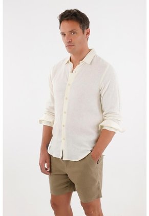 Tennis Camisa En 100% Lino Manga Larga Crudo Con Detalle Fruncido Para Hombre