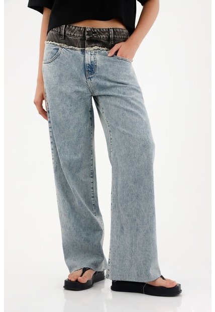 Tennis Jean Wide Leg De Tiro Alto Con Pretina En Contraste Para Mujer