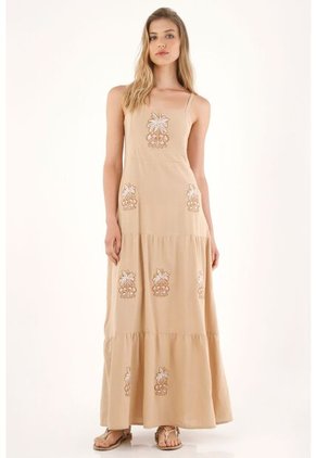 Tennis Vestido Largo Con Vuelo Y Apliques Bordados Crudo Para Mujer