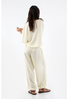 Tennis Pantalón Para Mujer De Viscosa Marfil Fit Relajado Con Textura Crinkle