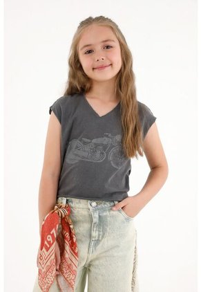 Camiseta Gris Con Estampado De Moto Para Niña