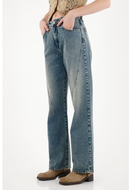 Tennis Jean Wide Leg Tiro Alto Azul De Silueta Ajustada Para Mujer