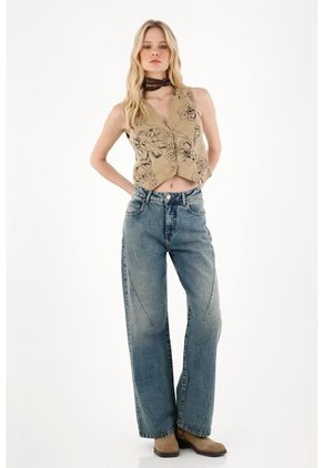 Tennis Jean Wide Leg Tiro Alto Azul De Silueta Ajustada Para Mujer