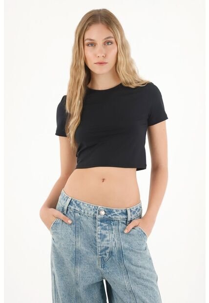 Tennis Camiseta Manga Corta De Largo Crop Negra Para Mujer