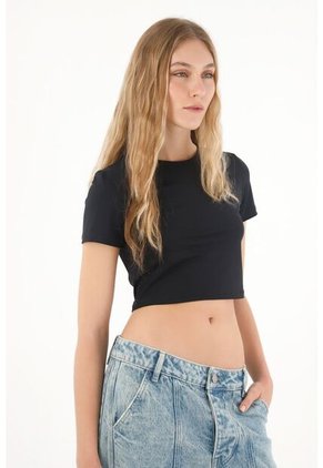 Tennis Camiseta Manga Corta De Largo Crop Negra Para Mujer