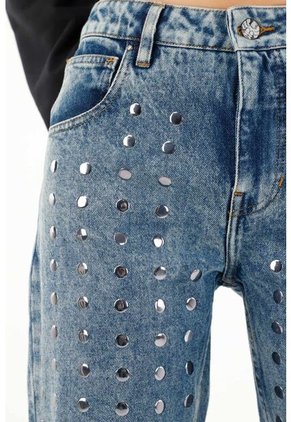 Tennis Jean Recto De Tiro Medio Con Apliques De Brillo Para Mujer