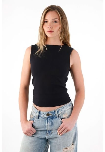 Camiseta En Rib Manga Sisa Negra Para Mujer