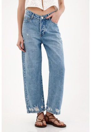 Tennis Jean Recto Con Desgastes Localizados Azul Para Mujer