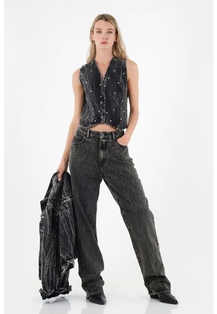 Tennis Jean Black Denim Craquelado Para Mujer