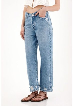 Tennis Jean Recto Con Desgastes Localizados Azul Para Mujer