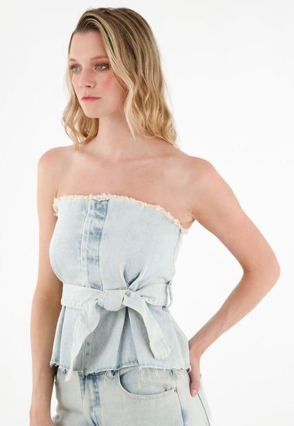 Camisa Strapless En Demin Azul Para Mujer