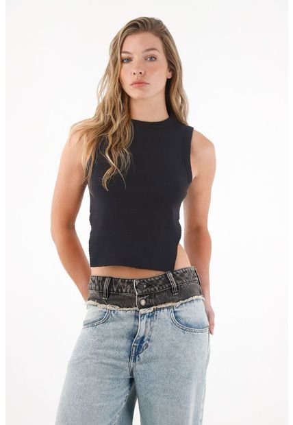 Camiseta Manga Sisa Con Espalda Crop Negra Para Mujer