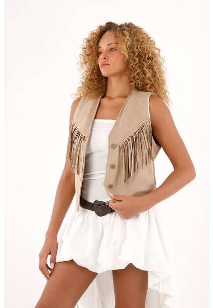 Chaleco En Suede Con Flecos Y Ovejero Para Mujer