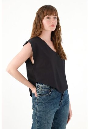 Tennis Camisa Manga Sisa Escote En V Negra Para Mujer