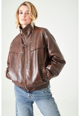 Tennis Chaqueta Bomber Con Argolla En El Cuello Tipo Cuero Café Para Mujer Tennis
